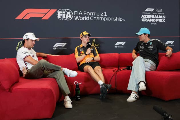 F1 - AZERBAIJAIN GRAND PRIX 2026 PEREZ Sergio (mex), Cadillac F1 Team MAC-26, portrait, PIASTRI Oscar (aus), McLaren F1 Team MCL40, portrait and RUSSELL George (gbr), Mercedes AMG F1 Team W17, portrait press conference, PK, Pressekonferenz during the 2026 Formula 1 Azerbaijan Grand Prix, 15th round of the 2026 Formula One World Championship, WM, Weltmeisterschaft from September 24 to 26, 2026 on the Baku City Circuit, in Baku, Azerbaijan - BakuAzerbaijan  Copyright: xEricxAlonsox