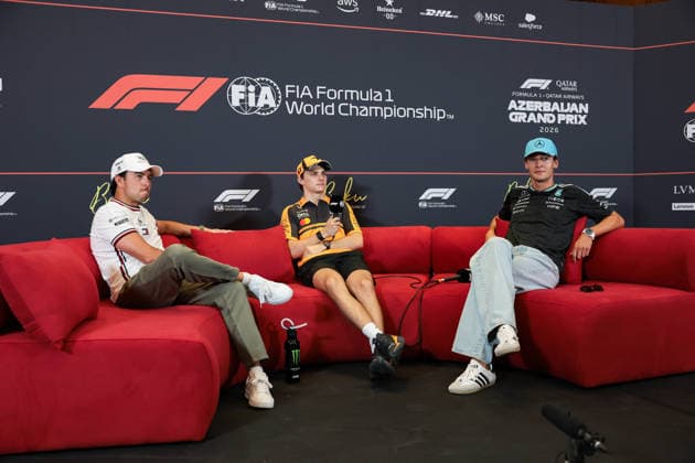 F1 - AZERBAIJAIN GRAND PRIX 2026 PEREZ Sergio (mex), Cadillac F1 Team MAC-26, portrait, PIASTRI Oscar (aus), McLaren F1 Team MCL40, portrait and RUSSELL George (gbr), Mercedes AMG F1 Team W17, portrait press conference, PK, Pressekonferenz during the 2026 Formula 1 Azerbaijan Grand Prix, 15th round of the 2026 Formula One World Championship, WM, Weltmeisterschaft from September 24 to 26, 2026 on the Baku City Circuit, in Baku, Azerbaijan - BakuAzerbaijan  Copyright: xEricxAlonsox