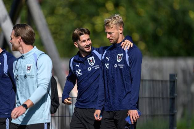SOCCER - NL, AUT vs ISR WINDISCHGARSTEN,AUSTRIA,23.SEP.26 - SOCCER - UEFA Nations League, group stage, OEFB international match, Länderspiel, Nationalmannschaft Austria vs Israel, preview, training team AUT. Image shows Marco Gruell and Romano Schmid (AUT).  GEPAxpictures xChristianxMoser