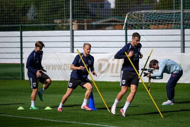 SOCCER - NL, AUT vs ISR WINDISCHGARSTEN,AUSTRIA,23.SEP.26 - SOCCER - UEFA Nations League, group stage, OEFB international match, Länderspiel, Nationalmannschaft Austria vs Israel, preview, training team AUT. Image shows Marco Friedl, Marco Gruell and Romano Schmid (AUT). GEPAxpictures xChristianxMoser