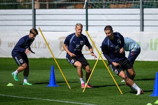 SOCCER - NL, AUT vs ISR WINDISCHGARSTEN,AUSTRIA,23.SEP.26 - SOCCER - UEFA Nations League, group stage, OEFB international match, Länderspiel, Nationalmannschaft Austria vs Israel, preview, training team AUT. Image shows Marco Friedl, Marco Gruell and Romano Schmid (AUT). GEPAxpictures xChristianxMoser
