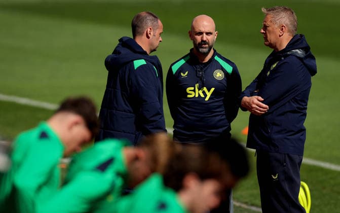 Republic of Ireland Squad Training, Fadil Vokrri Stadium, Pristina, Kosovo 23 9 2026 FAI director of football John Martin, FAI director of operations Barry Gleeson and Head Coach Heimir Hallgrimsson John Martin, Barry Gleeson and Heimir Hallgrimsson 23 9 2026  Copyright: xx RB2_9669