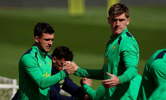 Republic of Ireland Squad Training, Fadil Vokrri Stadium, Pristina, Kosovo 23 9 2026 Jason Knight and Jimmy Dunne Jason Knight and Jimmy Dunne 23 9 2026  Copyright: xx RB2_9461
