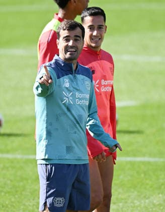September 23, 2026, xophax, Soccer, Bundesliga 1, Bayer 04 Leverkusen Training During the International Break Coach Carles Martinez (Bayer 04) and Lucas Vazquez (Bayer 04), right: Leverkusen