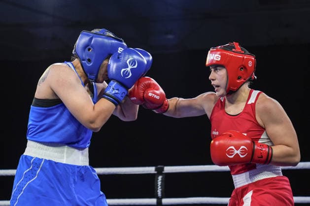 2026 European Boxing Championships SOFIA, BULGARIA - SEPTEMBER 23: Busenaz Surmeneli of Turkiye (blue) in action against Nadezhda Golubeva of Russia (red) during the Women s 70kg category match at the 2026 European Boxing Championships held at the Asics Arena in Sofia, Bulgaria, on September 23, 2026. Osmancan Gurdogan Anadolu Sofia Bulgaria. Editorial use only. Please get in touch for any other usage.  Copyright: x2026xAnadoluxOsmancanxGurdoganx