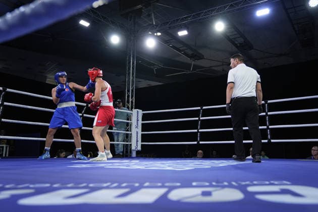 2026 European Boxing Championships SOFIA, BULGARIA - SEPTEMBER 23: Busenaz Surmeneli of Turkiye (blue) in action against Nadezhda Golubeva of Russia (red) during the Women s 70kg category match at the 2026 European Boxing Championships held at the Asics Arena in Sofia, Bulgaria, on September 23, 2026. Osmancan Gurdogan Anadolu Sofia Bulgaria. Editorial use only. Please get in touch for any other usage.  Copyright: x2026xAnadoluxOsmancanxGurdoganx