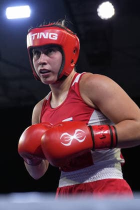 2026 European Boxing Championships SOFIA, BULGARIA - SEPTEMBER 23: Busenaz Surmeneli of Turkiye (blue) in action against Nadezhda Golubeva of Russia (red) during the Women s 70kg category match at the 2026 European Boxing Championships held at the Asics Arena in Sofia, Bulgaria, on September 23, 2026. Osmancan Gurdogan Anadolu Sofia Bulgaria. Editorial use only. Please get in touch for any other usage.  Copyright: x2026xAnadoluxOsmancanxGurdoganx