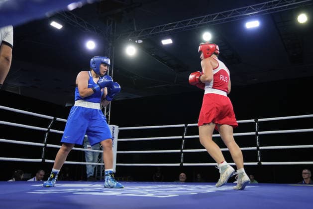 2026 European Boxing Championships SOFIA, BULGARIA - SEPTEMBER 23: Busenaz Surmeneli of Turkiye (blue) in action against Nadezhda Golubeva of Russia (red) during the Women s 70kg category match at the 2026 European Boxing Championships held at the Asics Arena in Sofia, Bulgaria, on September 23, 2026. Osmancan Gurdogan Anadolu Sofia Bulgaria. Editorial use only. Please get in touch for any other usage.  Copyright: x2026xAnadoluxOsmancanxGurdoganx