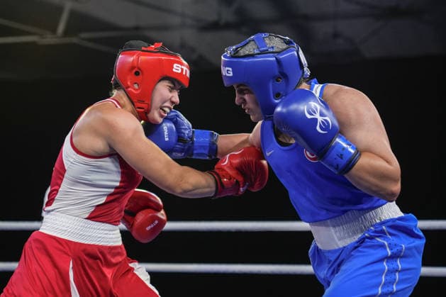 2026 European Boxing Championships SOFIA, BULGARIA - SEPTEMBER 23: Busenaz Surmeneli of Turkiye (blue) in action against Nadezhda Golubeva of Russia (red) during the Women s 70kg category match at the 2026 European Boxing Championships held at the Asics Arena in Sofia, Bulgaria, on September 23, 2026. Osmancan Gurdogan Anadolu Sofia Bulgaria. Editorial use only. Please get in touch for any other usage.  Copyright: x2026xAnadoluxOsmancanxGurdoganx