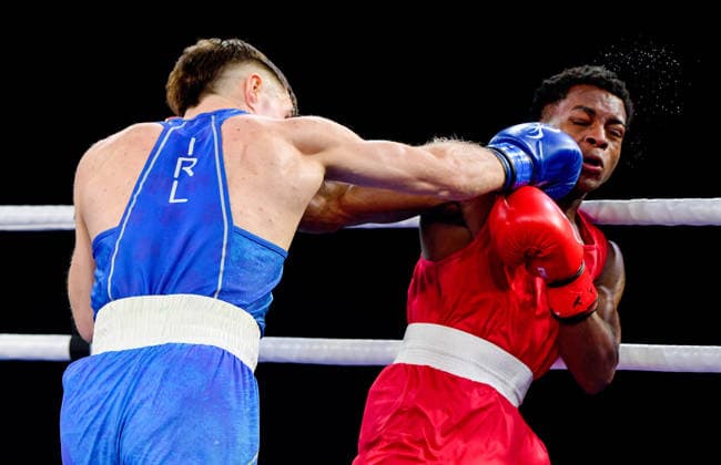 2026 European Boxing Elite Championships, Asics Arena Sports Hall, Sofia, Bulgaria 23 9 2026 Men s 60kg Quarter-Final Ireland™s Jude Gallagher in action against Cuba™s Ewart AndrÃ Jude Gallagher in action against Ewart AndrÃ s Marin Hernandez 23 9 2026  Copyright: xx VD5_4129