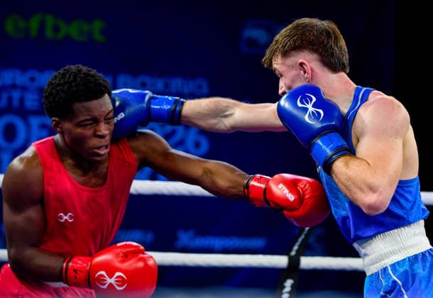 2026 European Boxing Elite Championships, Asics Arena Sports Hall, Sofia, Bulgaria 23 9 2026 Men s 60kg Quarter-Final Ireland™s Jude Gallagher in action against Cuba™s Ewart AndrÃ Jude Gallagher in action against Ewart AndrÃ s Marin Hernandez 23 9 2026  Copyright: xx VD5_4356