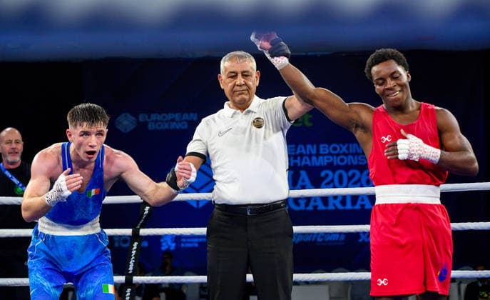 2026 European Boxing Elite Championships, Asics Arena Sports Hall, Sofia, Bulgaria 23 9 2026 Men s 60kg Quarter-Final Cuba™s Ewart AndrÃ Ewart AndrÃ s Marin Hernandez is declared as the winner against Jude Gallagher 23 9 2026  Copyright: xx VD5_4580