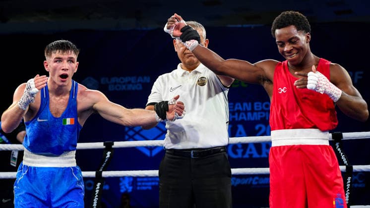 2026 European Boxing Elite Championships, Asics Arena Sports Hall, Sofia, Bulgaria 23 9 2026 Men s 60kg Quarter-Final Cuba™s Ewart AndrÃ Ewart AndrÃ s Marin Hernandez is declared as the winner against Jude Gallagher 23 9 2026  Copyright: xx VD5_4584