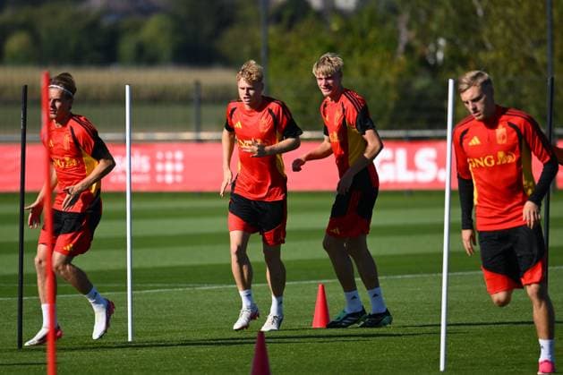 Belgium U21, U 21 Media Activities 23 09 2026 TUBIZE, BELGIUM - SEPTEMBER 23 : Piedfort Arthur midfielder of Belgium U21, De Cat Nathan midfielder of Belgium U21 pictured during a training session of the Belgium Under 21 on September 23, 2026 in Tubize, Belgium, 23 09 2026 Tubize Belgium  Copyright: xVincentxKalutx