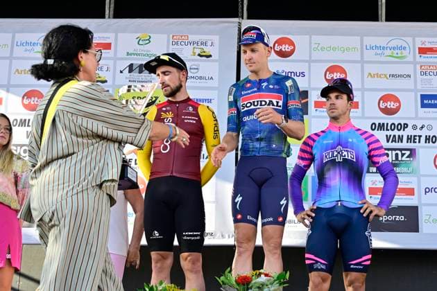 Omloop van het Houtland 2026 Cycling Race LICHTERVELDE, BELGIUM - SEPTEMBER 23 : Aniolkowski Stanislaw (POL) of Cofidis, Merlier Tim (BEL) of Soudal Quick-Step and Groenewegen Dylan (NED) of Unibet Rose Rockets pictured during the podium ceremony of the 80th edition of Omloop van het Houtland an UCI Class 1.1 one day cycling road race for Men Elite of 190 km with start in Zedelgem and finish in Lichtervelde on September 23, 2026 in Lichtervelde, Belgium, 23 09 2026 Lichtervelde Belgium  Copyright: xJanxDexMeuleneirx