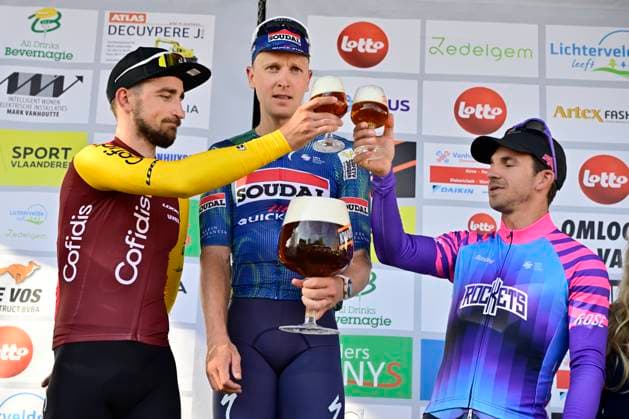 Omloop van het Houtland 2026 Cycling Race LICHTERVELDE, BELGIUM - SEPTEMBER 23 : Aniolkowski Stanislaw (POL) of Cofidis, Merlier Tim (BEL) of Soudal Quick-Step and Groenewegen Dylan (NED) of Unibet Rose Rockets pictured during the podium ceremony of the 80th edition of Omloop van het Houtland an UCI Class 1.1 one day cycling road race for Men Elite of 190 km with start in Zedelgem and finish in Lichtervelde on September 23, 2026 in Lichtervelde, Belgium, 23 09 2026 Lichtervelde Belgium  Copyright: xJanxDexMeuleneirx