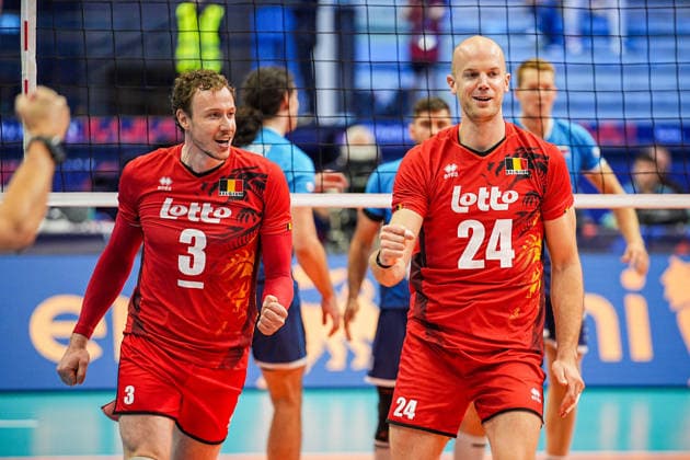 Belgium s Sam Deroo adb Belgium s Martijn Colson celebrate during the quarter final match of the CEV Enel Eurovolley 2026, between Belgium and Slovenia, at the Palavela in Turin, north west Italy - Wednesday, September 23, 2026. .  Copyright: xMarcoxAlpozzi LaPressex