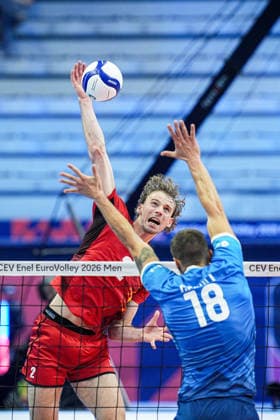 Belgium s Ferre Reggers and Slovenia s Klemen Cebulj in action during the quarter final match of the CEV Enel Eurovolley 2026, between Belgium and Slovenia, at the Palavela in Turin, north west Italy - Wednesday, September 23, 2026. .  Copyright: xMarcoxAlpozzi LaPressex