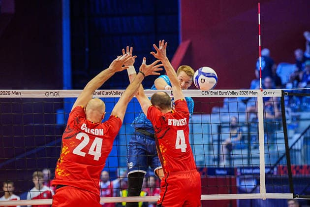 Slovenia s Rok Mozic and Belgium s Martijn Colson, Belgium s Stijn D Hulst in action during the quarter final match of the CEV Enel Eurovolley 2026, between Belgium and Slovenia, at the Palavela in Turin, north west Italy - Wednesday, September 23, 2026. .  Copyright: xMarcoxAlpozzi LaPressex