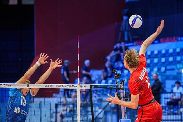 Slovenia s Rok Mozic and Belgium s Ferre Reggers in action during the quarter final match of the CEV Enel Eurovolley 2026, between Belgium and Slovenia, at the Palavela in Turin, north west Italy - Wednesday, September 23, 2026. .  Copyright: xMarcoxAlpozzi LaPressex