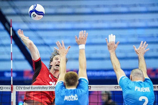 Belgium s Ferre Reggers in action during the quarter final match of the CEV Enel Eurovolley 2026, between Belgium and Slovenia, at the Palavela in Turin, north west Italy - Wednesday, September 23, 2026. .  Copyright: xMarcoxAlpozzi LaPressex