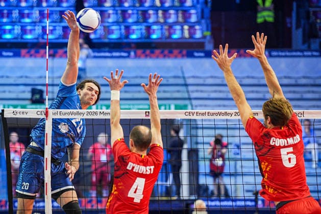 Slovenia s Nik Mujanovic and Belgium s Stijn D Hulst, Belgium s Simon Plaskie in action during the quarter final match of the CEV Enel Eurovolley 2026, between Belgium and Slovenia, at the Palavela in Turin, north west Italy - Wednesday, September 23, 2026. .  Copyright: xMarcoxAlpozzi LaPressex