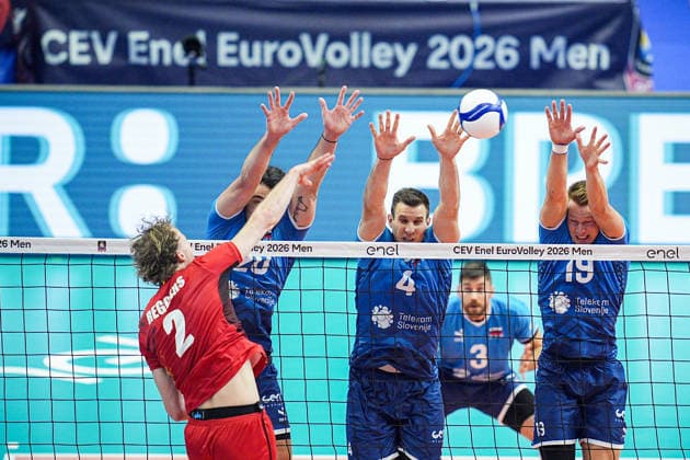 Team Slovenia in action during the quarter final match of the CEV Enel Eurovolley 2026, between Belgium and Slovenia, at the Palavela in Turin, north west Italy - Wednesday, September 23, 2026. .  Copyright: xMarcoxAlpozzi LaPressex
