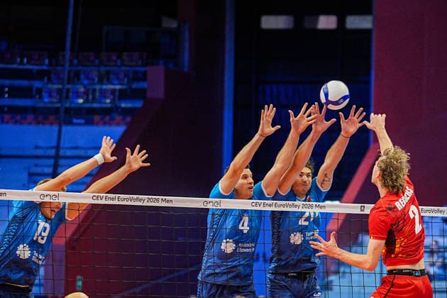 Slovenia s Jan Kozamernik, Slovenia s Nik Mujanovic and Belgium s Ferre Reggers in action during the quarter final match of the CEV Enel Eurovolley 2026, between Belgium and Slovenia, at the Palavela in Turin, north west Italy - Wednesday, September 23, 2026. .  Copyright: xMarcoxAlpozzi LaPressex