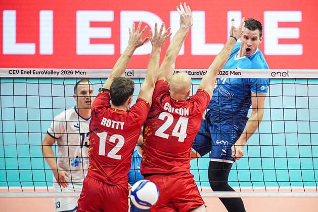 Slovenia s Jan Kozamernik reacts during the quarter final match of the CEV Enel Eurovolley 2026, between Belgium and Slovenia, at the Palavela in Turin, north west Italy - Wednesday, September 23, 2026. .  Copyright: xMarcoxAlpozzi LaPressex