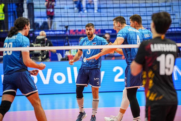 Slovenia s Uros Planinsic celebrate during the quarter final match of the CEV Enel Eurovolley 2026, between Belgium and Slovenia, at the Palavela in Turin, north west Italy - Wednesday, September 23, 2026. .  Copyright: xMarcoxAlpozzi LaPressex