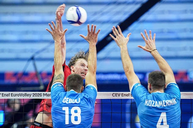 Belgium s Ferre Reggers in action during the quarter final match of the CEV Enel Eurovolley 2026, between Belgium and Slovenia, at the Palavela in Turin, north west Italy - Wednesday, September 23, 2026. .  Copyright: xMarcoxAlpozzi LaPressex