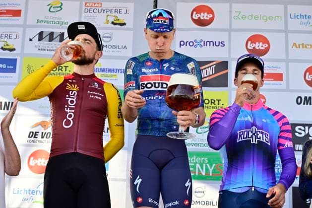 Omloop van het Houtland 2026 Cycling Race LICHTERVELDE, BELGIUM - SEPTEMBER 23 : Aniolkowski Stanislaw (POL) of Cofidis, Merlier Tim (BEL) of Soudal Quick-Step and Groenewegen Dylan (NED) of Unibet Rose Rockets pictured during the podium ceremony of the 80th edition of Omloop van het Houtland an UCI Class 1.1 one day cycling road race for Men Elite of 190 km with start in Zedelgem and finish in Lichtervelde on September 23, 2026 in Lichtervelde, Belgium, 23 09 2026 Lichtervelde Belgium  Copyright: xJanxDexMeuleneirx