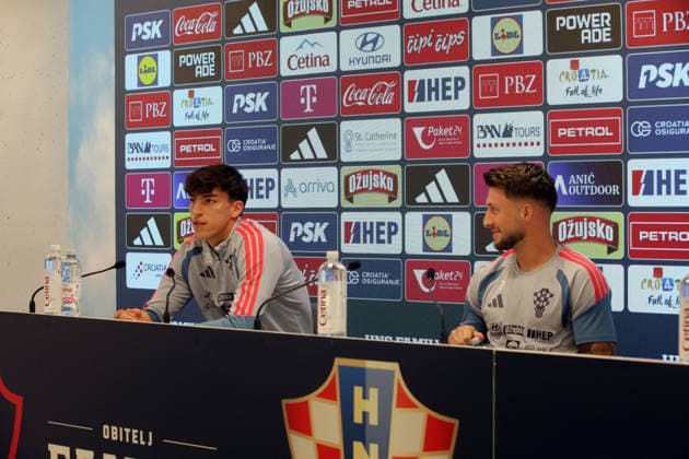 Croatia National Football Team: Press and Training Session Petar Musa and Marco Pasalic of Croatia on a press conferenfce of Croatia national football team at HNK Rijeka stadium on September 23, 2026 in Rijeka, Croatia.  GoranxKovacic PIXSELL