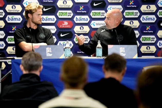 Norway Denmark Nations League Oslo 20260923 Press conference with Denmark s national team coach Brian Riemer and Morten Hjulmand at Ullevaal Stadium on the day of the international soccer match between Norway and Denmark, to be played on Thursday, September 24. Photo: Cornelius Poppe, NTB, Oslo, Norway. EDEDITORIAL USE ONLY; RESTRICTED USE FOR BETTING COMPANIES  Copyright: xCorneliusxPoppex xNTBx