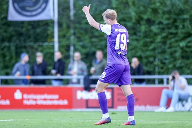 September 23, 2026, xkwix, soccer, exhibition match, SC Wiedenbrück vs. VfL Osnabrück, Jahnstadion, exhibition match, 2026–2027 Season: Goal celebration after the 0–2 goal by scorer Leon Opitz, VfL Osnabrück 19. DFB regulations prohibit any use of photographs as image sequences and or quasi-video. Photo: xKamilxWilkowskixPressefotoKochx, North Rhine-Westphalia, Germany