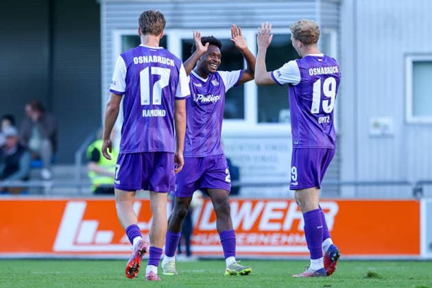 September 23, 2026, xkwix, Soccer, Friendly Match, SC Wiedenbrück vs. VfL Osnabrück, Jahnstadion, Friendly Match, 2026–2027 season: Goal celebration after the 0–2 goal scored by Leon Opitz (VfL Osnabrück 19) with Tony Rudy Lesueur (VfL Osnabrück 23). DFB regulations prohibit any use of photographs as image sequences and or quasi-video. Photo: xKamilxWilkowskixPress Photo Kochx North Rhine-Westphalia, Germany