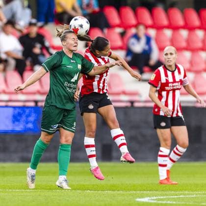 EINDHOVEN , 23-09-2026 , Ten Cate stadium De Herdgang , season 2026 2027 , UEFA Women™s Europa Cup , football , match between PSV and Fortuna Hjorring , picture shows PSV player Rosalie Renfurm , Fortuna Hjorring player Sarah Hansen PSV - Fortuna Hjorring  x207462852x Copyright: