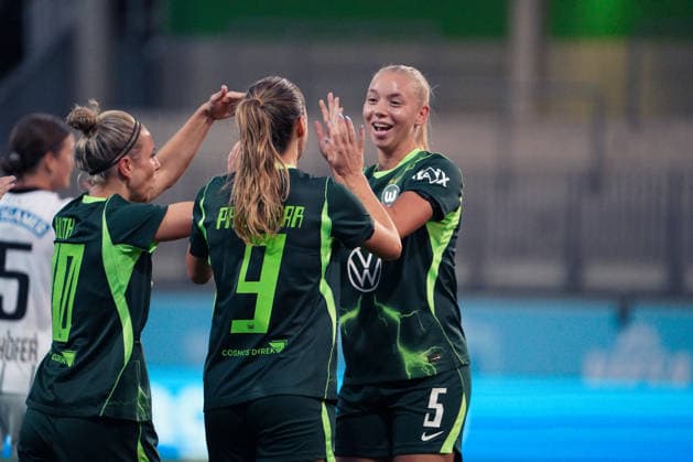 Germany Soccer UEFA Women s Europa Cup 2026–2027, 2nd Qualifying Round, First Leg: VfL Wolfsburg vs. SK Sturm Graz at AOK Stadium Wolfsburg—Goal and celebration by Lara Praönikar (VfL Wolfsburg Women), 9; Ella Peddemor (VfL Wolfsburg Women), 5 Copyright: xAymanxAlahmedx