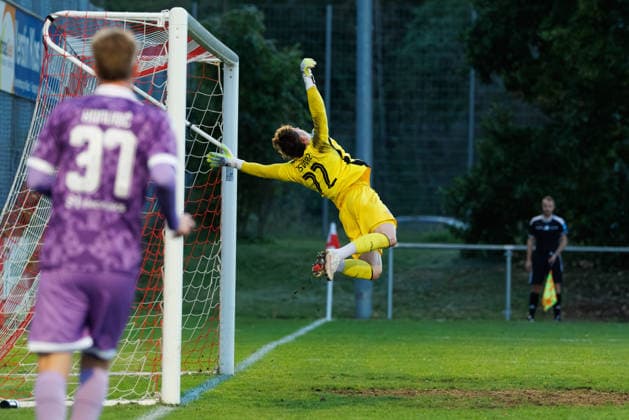 Spectacular save by Maurice Merkl, 22, of TSV Landsberg during the match between TSV Landsberg and FC Ingolstadt 04, soccer, men s, Toto Cup, 2026–2027, quarterfinals on September 23, 2026, in Landsberg am Lech, Sportpark Bayern, Germany
