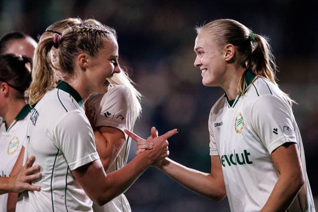 September 23, 2026: Mathilde Janzen and Elin Sorum of Hammarby celebrate after scoring the 1-0 goal during the UEFA Women’s Europa Cup soccer match between Hammarby and Rangers FC on September 23, 2026 in Stockholm. Photo by Kenta Jönsson, BILDBYRAN COP 210 KJ0378: soccer, football, fotball, Europa Cup, Hammarby, Rangers FC, UEFA Women’s Europa Cup, women’s soccer, BBENG, celebration  Copyright: KENTAxJÖNSSON BB260923KJ020