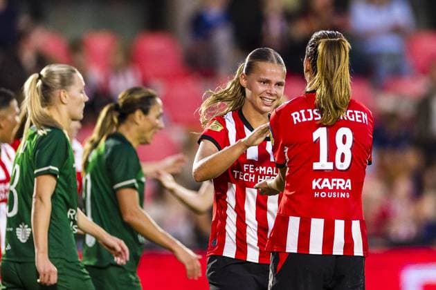 EINDHOVEN , 23-09-2026 , TenCate stadium De Herdgang , season 2026 2027 , UEFA Women™s Europa Cup , football , match between PSV and Fortuna Hjorring , picture shows PSV player Liz Rijsbergen celebrating the goal. 1-0. PSV - Fortuna Hjorring  x207463208x Copyright: