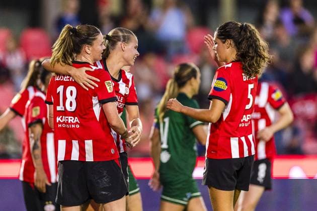 EINDHOVEN , 23-09-2026 , TenCate stadium De Herdgang , season 2026 2027 , UEFA Women™s Europa Cup , football , match between PSV and Fortuna Hjorring , picture shows PSV player Liz Rijsbergen celebrating the goal. 1-0. PSV - Fortuna Hjorring  x207463211x Copyright: