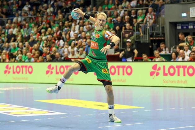 September 23, 2026, xgox, Handball DHB Cup, 2nd Round: SC Magdeburg vs. HSG Wetzlar, from left: Matthias Musche (Magdeburg), 6 on a penalty throw for Magdeburg