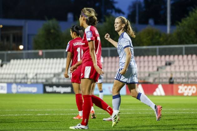 AMSTERDAM , 23-09-2026 , Sportcomplex De Toekomst , season 2026 2027 , UEFA Womens Europa Cup , Second qualifying round 1st leg , match between Ajax and WFC Aktobe (women) , picture shows goal celebration by Ajax player Katja Snoeijs (2-0) Ajax - Aktobe (women)  x207463416x Copyright: