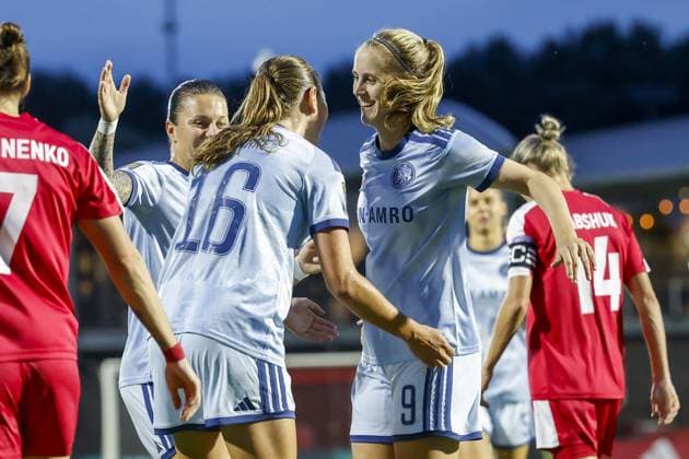 AMSTERDAM , 23-09-2026 , Sportcomplex De Toekomst , season 2026 2027 , UEFA Womens Europa Cup , Second qualifying round 1st leg , match between Ajax and WFC Aktobe (women) , picture shows goal celebration by Ajax player Katja Snoeijs and Ajax player Sophie te Brake(2-0) Ajax - Aktobe (women)  x207463419x Copyright: