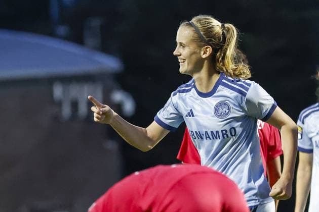 AMSTERDAM , 23-09-2026 , Sportcomplex De Toekomst , season 2026 2027 , UEFA Womens Europa Cup , Second qualifying round 1st leg , match between Ajax and WFC Aktobe (women) , picture shows goal celebration by Ajax player Katja Snoeijs (2-0) Ajax - Aktobe (women)  x207463424x Copyright: