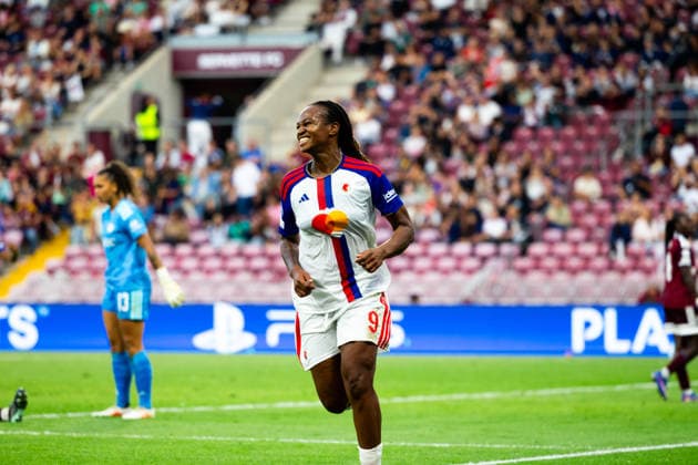 GENEVA, SWITZERLAND, SEPTEMBER 23 : Marie-Antoinette Katoto of OL Lyonnes celebrates after scoring her team s second goal during the UEFA Women s Champions League 2026 27 League Phase MD1 between Servette FC Chênois féminin and OL Lyonnes at Stade de Genève on September 23, 2026 in Geneva, Switzerland. Copyright: xPaulinexFIGUETx xSPPx Sportspressphoto_SPR237705