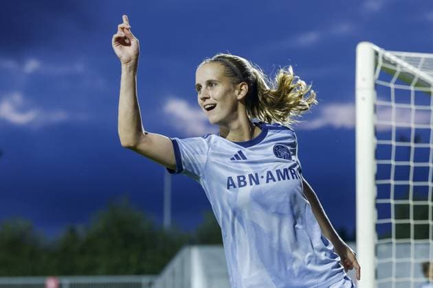 AMSTERDAM , 23-09-2026 , Sportcomplex De Toekomst , season 2026 2027 , UEFA Womens Europa Cup , Second qualifying round 1st leg , match between Ajax and WFC Aktobe (women) , picture shows goal celebration by Ajax player Katja Snoeijs (3-0) Ajax - Aktobe (women)  x207463492x Copyright: