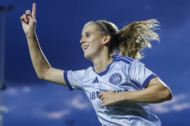 AMSTERDAM , 23-09-2026 , Sportcomplex De Toekomst , season 2026 2027 , UEFA Womens Europa Cup , Second qualifying round 1st leg , match between Ajax and WFC Aktobe (women) , picture shows goal celebration by Ajax player Katja Snoeijs (3-0) Ajax - Aktobe (women)  x207463493x Copyright: