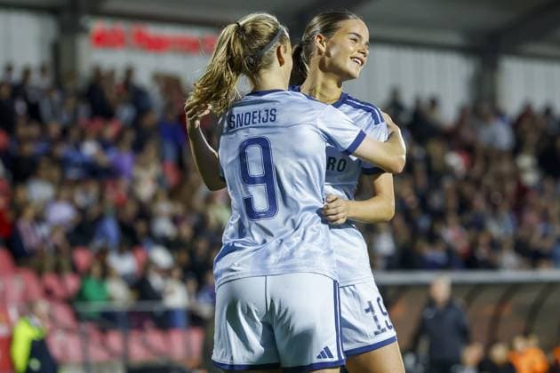 AMSTERDAM , 23-09-2026 , Sportcomplex De Toekomst , season 2026 2027 , UEFA Womens Europa Cup , Second qualifying round 1st leg , match between Ajax and WFC Aktobe (women) , picture shows goal celebration by Ajax player Katja Snoeijs and Ajax player Mirte van Koppen (3-0) Ajax - Aktobe (women)  x207463495x Copyright: